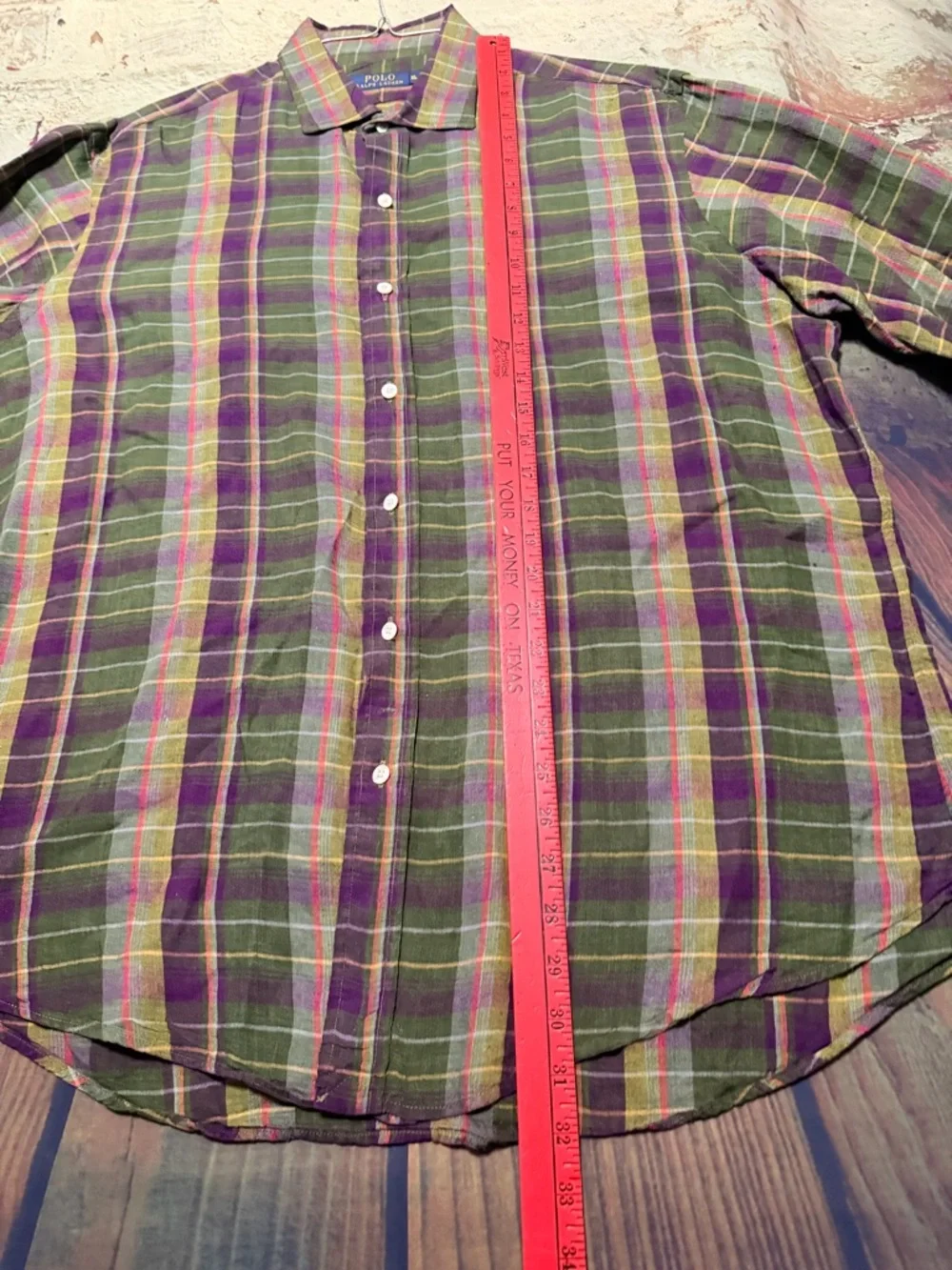 100% Linen Polo by Ralph Lauren Olive and Purple Plaid Button-Down Shirt